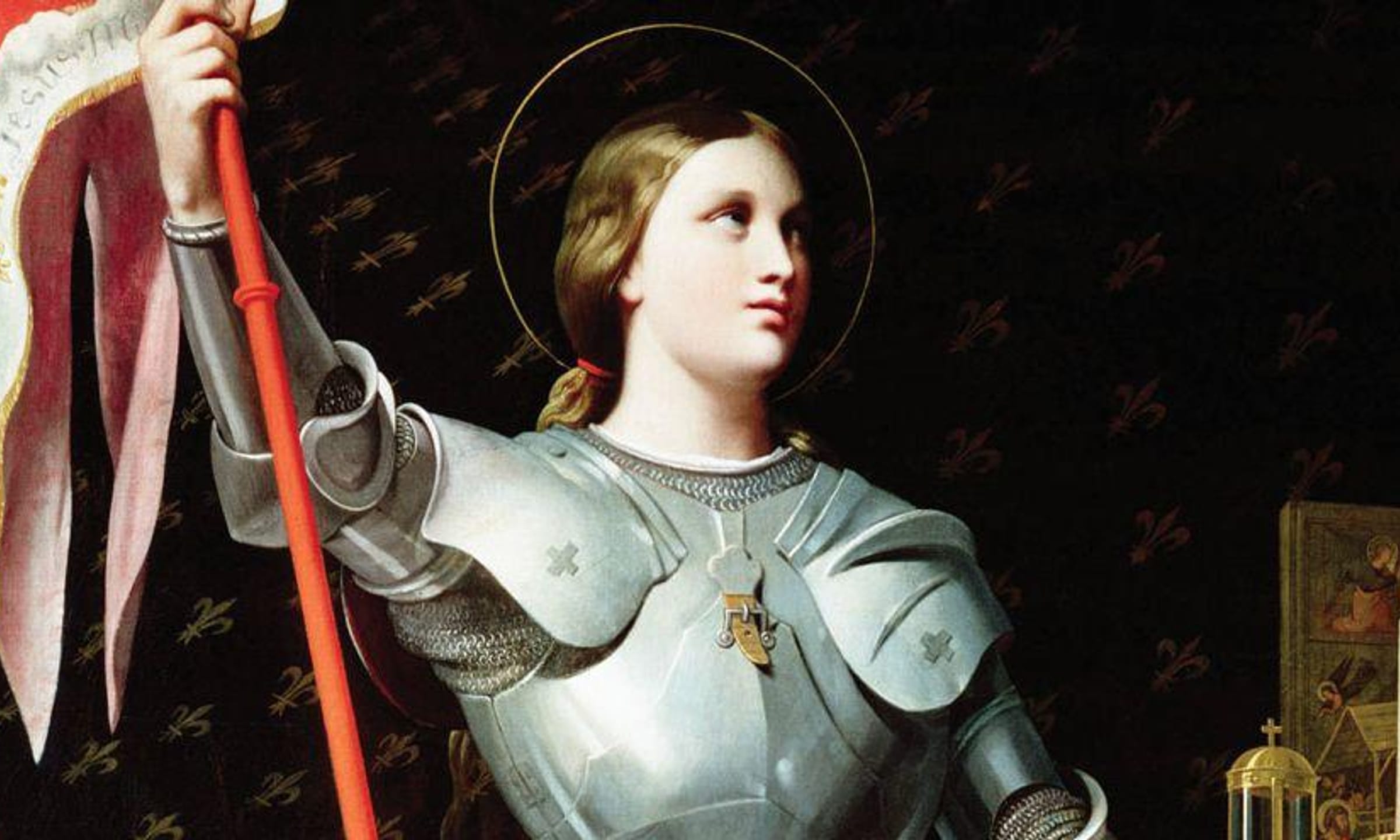 Painting of Joan of Arc in her armor, holding the staff of a flag