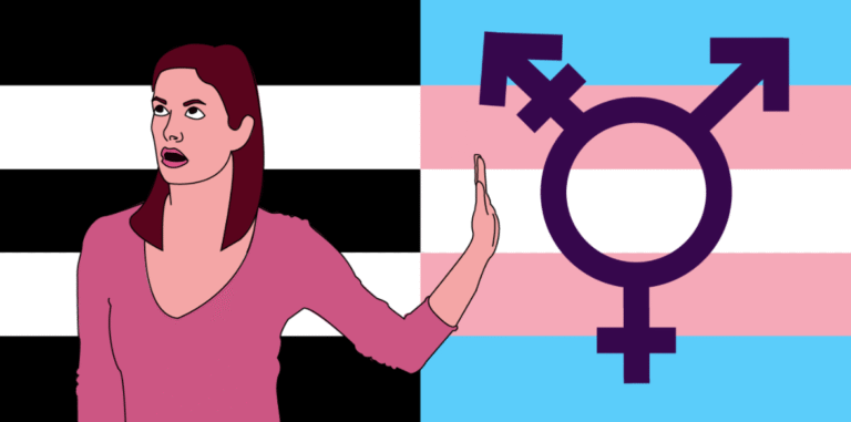 Illustration of trans exclusionary radical feminist with her hand raised toward a transgender flag