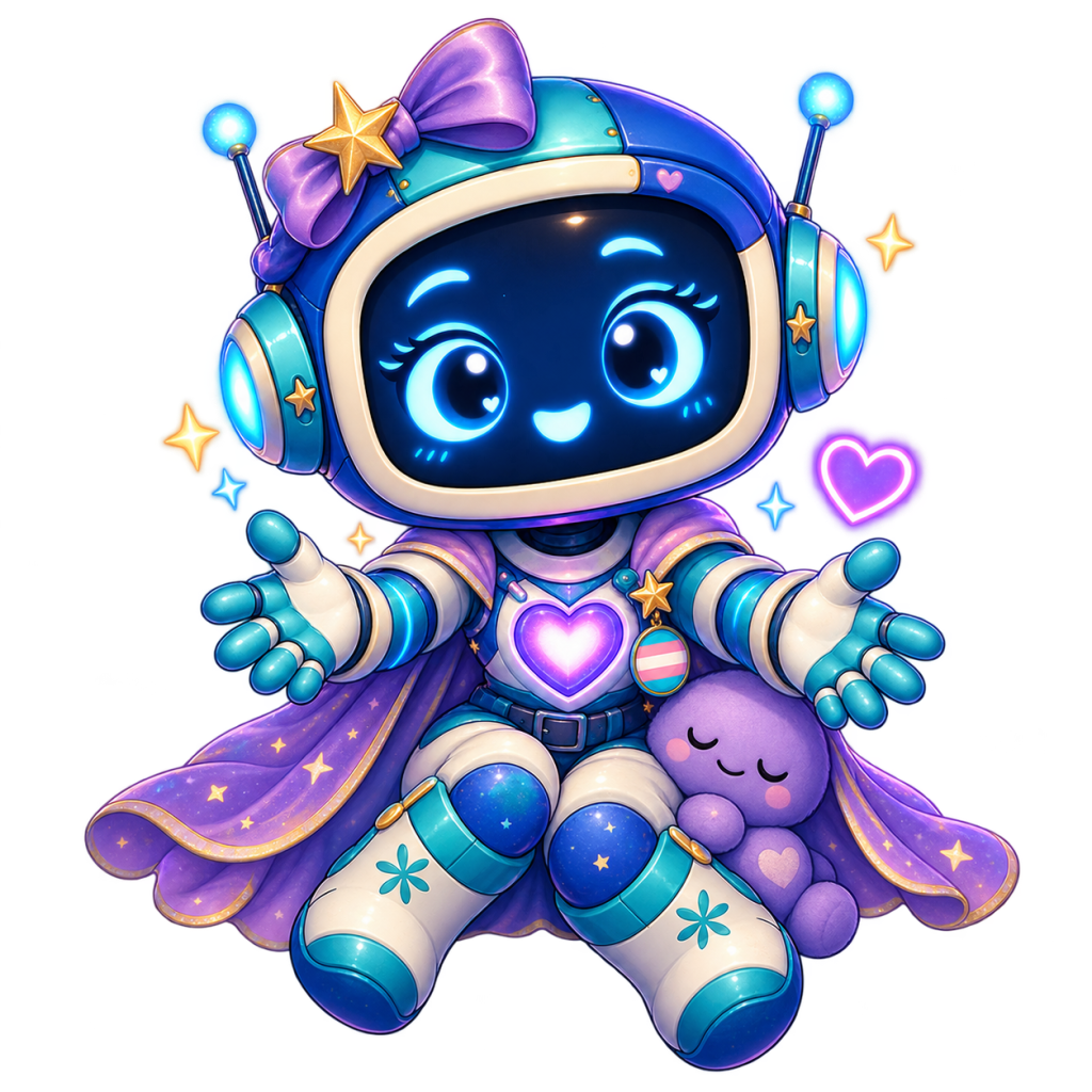 Affirmation Patch, Burleton Education’s teal-and-blue robot mascot, smiles with open arms, wearing a purple starry cape, a glowing heart, and a transgender pride badge.