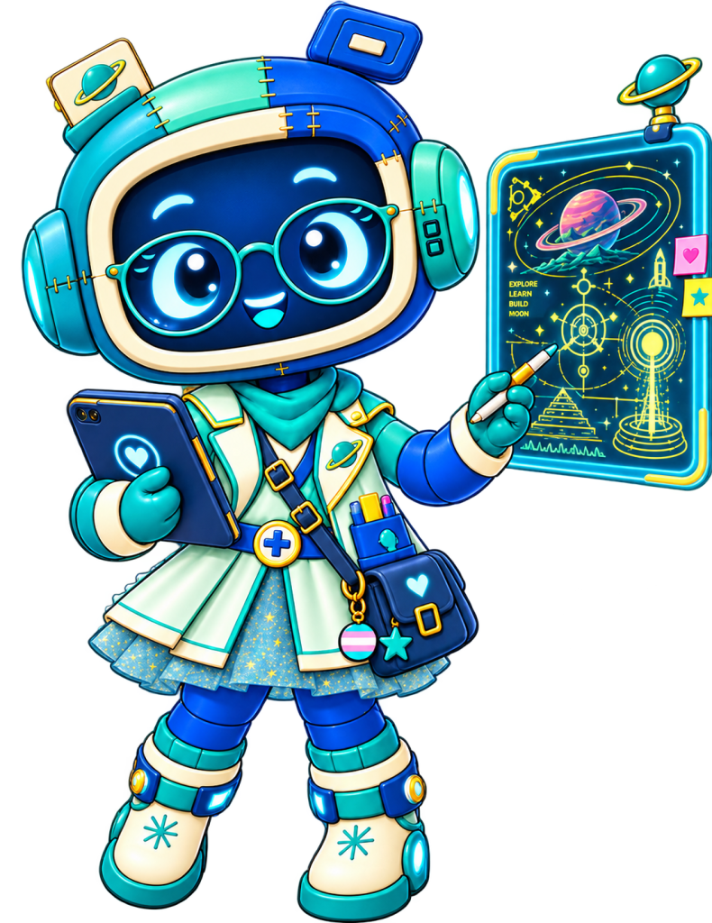 Patch mascot wearing glasses and presenting a futuristic educational display.