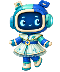Illustrated teal-and-blue robot mascot named Patch, wearing a cream and teal dress.