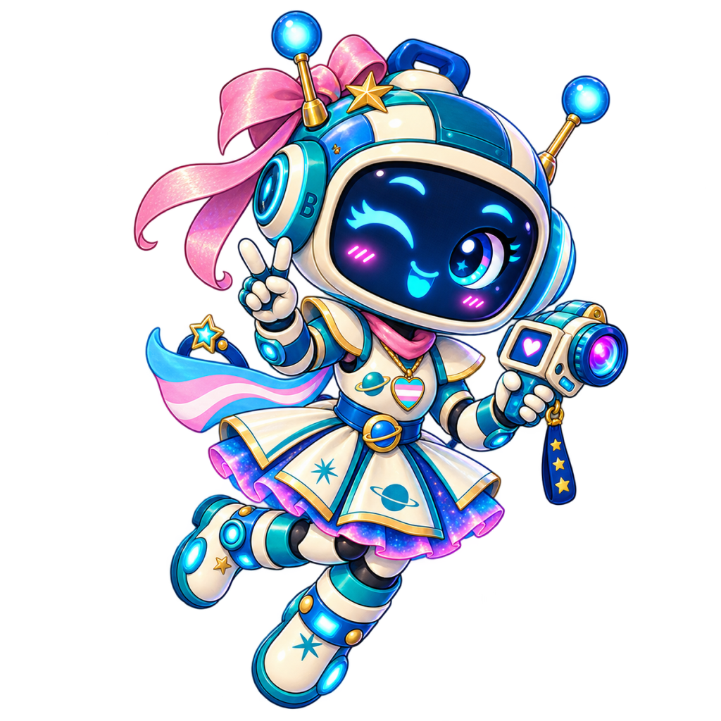 Patch mascot in a playful retro-futurist space-girl outfit, holding a handheld scanner.