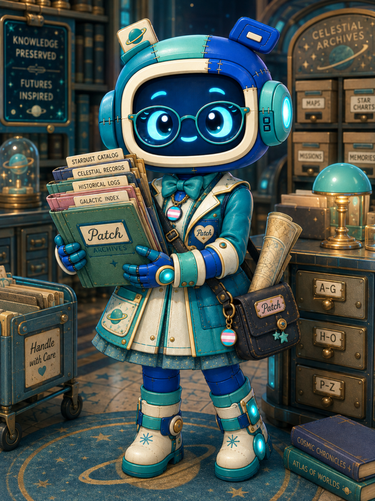 Historian Patch, a teal-and-blue robot mascot holding historical research materials and examining the past.