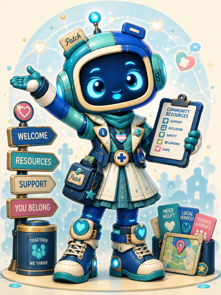 Welcome Patch, a teal-and-blue robot mascot gesturing toward helpful resources and community support options.