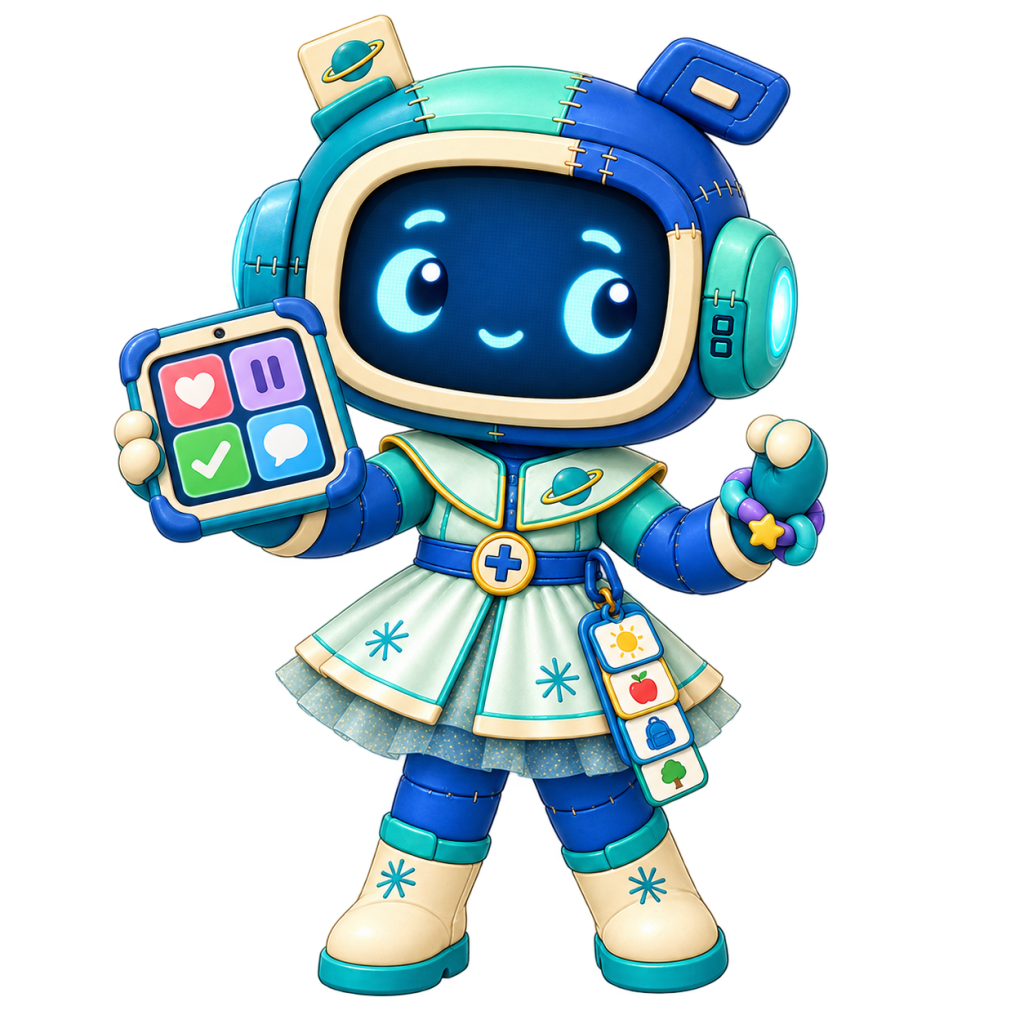 Patch, Burleton Education’s robot mascot, holds an AAC tablet and a sensory fidget, with a visual schedule attached to her clothing.